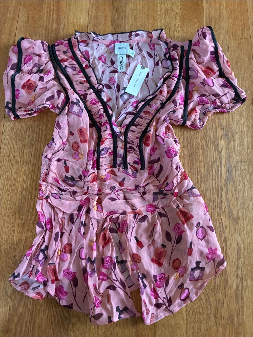 Maeve Pink Printed V-Neck Ruffle Sleeve Top